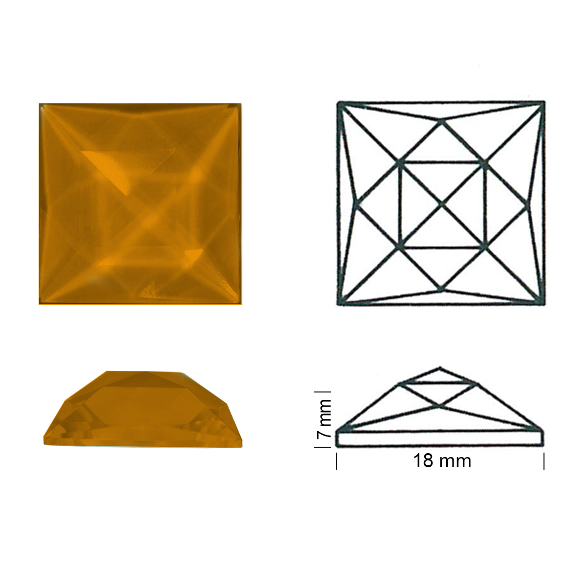 Square Faceted 18/18 amber Square Faceted 18/18 amber